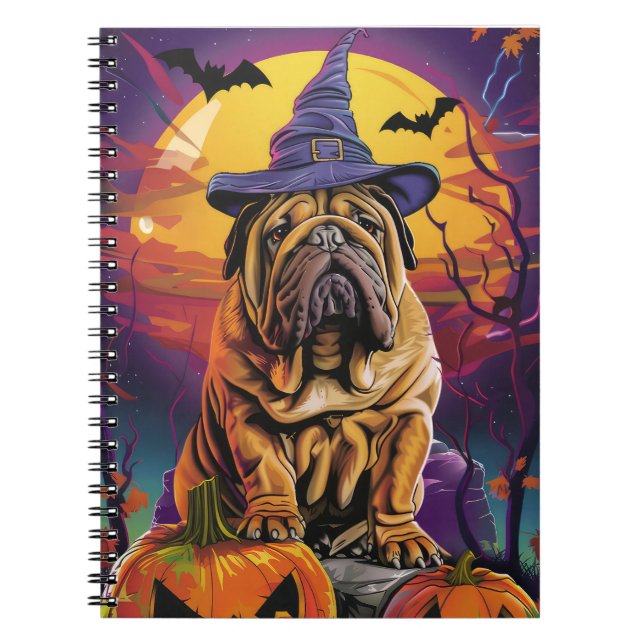Spooky Shar Pei Hund Halloween Witch och Pumpkin Anteckningsbok (Framsidan)