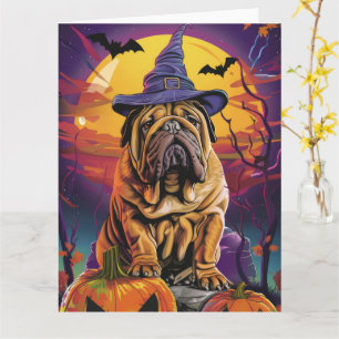 Spooky Shar Pei Hund Halloween Witch och Pumpkin Kort