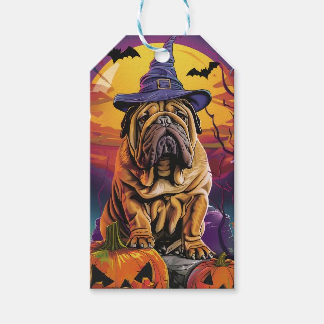 Spooky Shar Pei Hund Halloween Witch och Pumpkin Presentetikett (Framsidan)