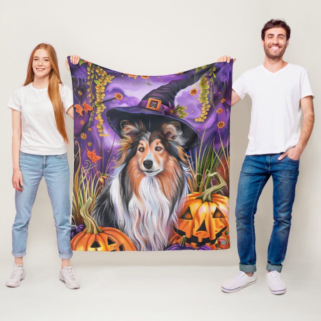 Spooky Shetland Sheepdog Halloween Witch Pumpkin Fleecefilt (På plats)