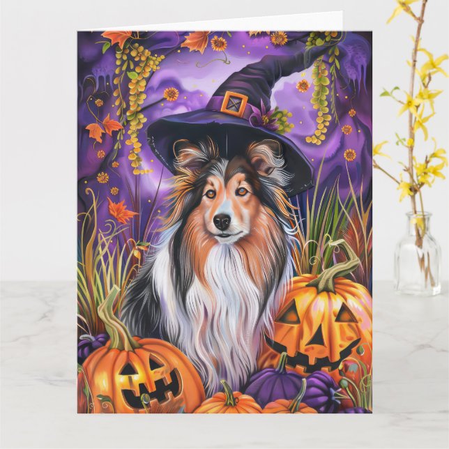 Spooky Shetland Sheepdog Halloween Witch Pumpkin Kort (Gul blomma)