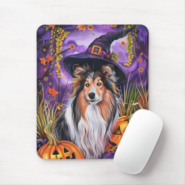 Spooky Shetland Sheepdog Halloween Witch Pumpkin Musmatta (Med mus)