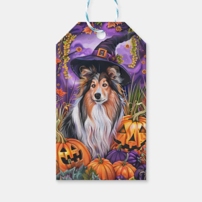 Spooky Shetland Sheepdog Halloween Witch Pumpkin Presentetikett (Framsidan)