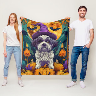 Spooky Shih Tzu Hund Halloween Witch och Pumpkin Fleecefilt