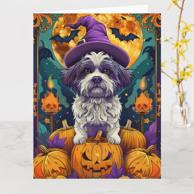Spooky Shih Tzu Hund Halloween Witch och Pumpkin Kort (Gul blomma)