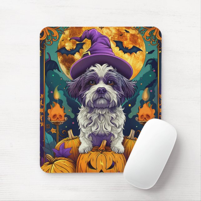 Spooky Shih Tzu Hund Halloween Witch och Pumpkin Musmatta (Med mus)
