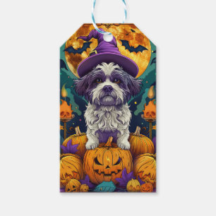 Spooky Shih Tzu Hund Halloween Witch och Pumpkin Presentetikett