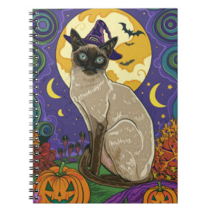 Spooky Siamese Cat Halloween Witch och Pumpkin Anteckningsbok