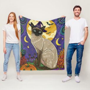 Spooky Siamese Cat Halloween Witch och Pumpkin Fleecefilt