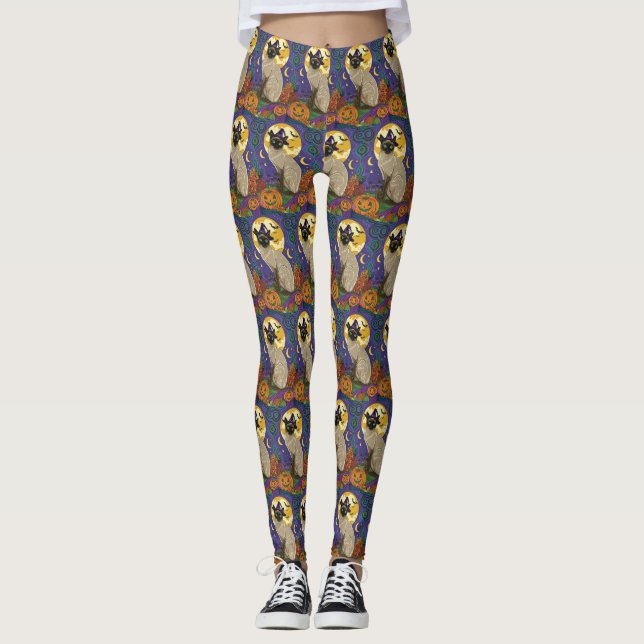 Spooky Siamese Cat Halloween Witch och Pumpkin Leggings (Framsida)