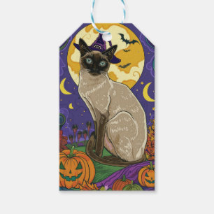 Spooky Siamese Cat Halloween Witch och Pumpkin Presentetikett