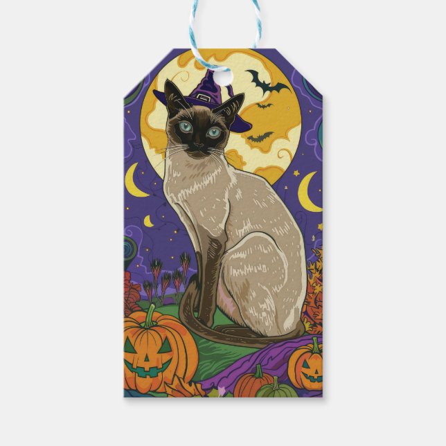Spooky Siamese Cat Halloween Witch och Pumpkin Presentetikett (Framsidan)