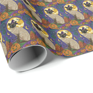 Spooky Siamese Cat Halloween Witch och Pumpkin Presentpapper