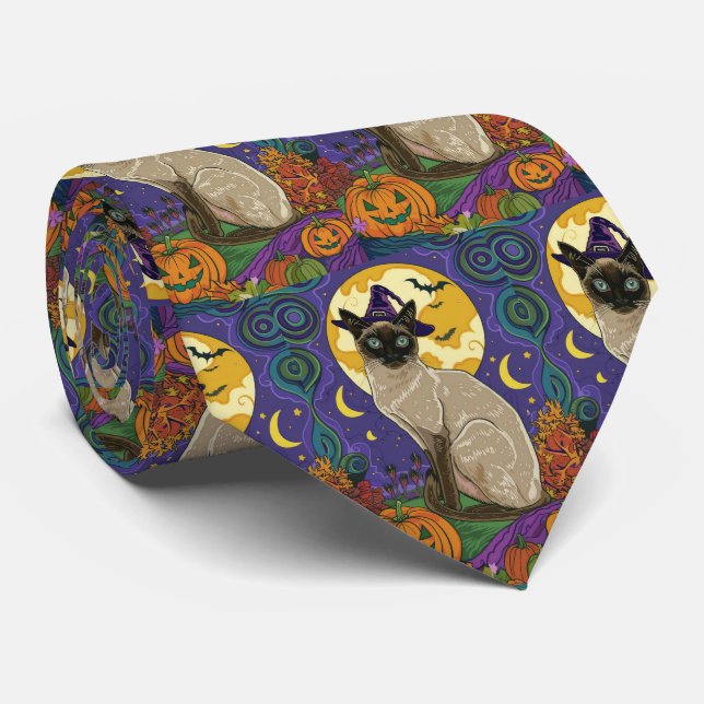 Spooky Siamese Cat Halloween Witch och Pumpkin Slips (Rullad)