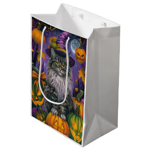 Spooky siberian Cat Halloween Witch och Pumpkin
