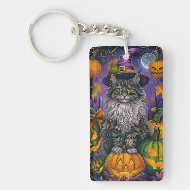 Spooky siberian Cat Halloween Witch och Pumpkin (Framsidan)