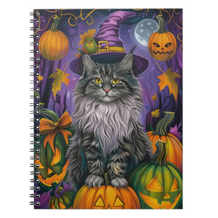 Spooky siberian Cat Halloween Witch och Pumpkin Anteckningsbok