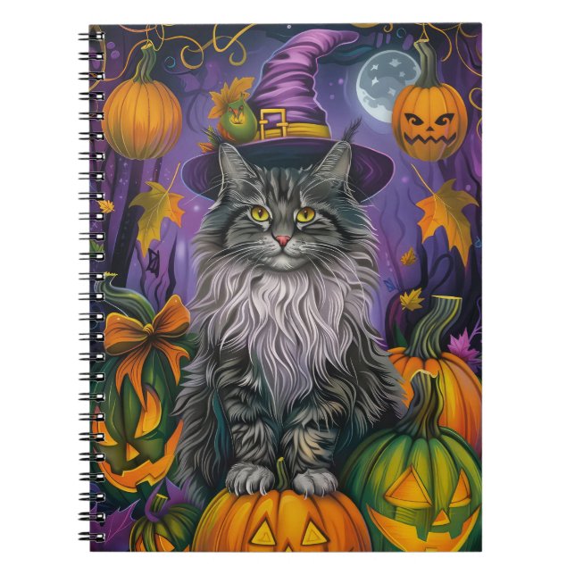 Spooky siberian Cat Halloween Witch och Pumpkin Anteckningsbok (Framsidan)