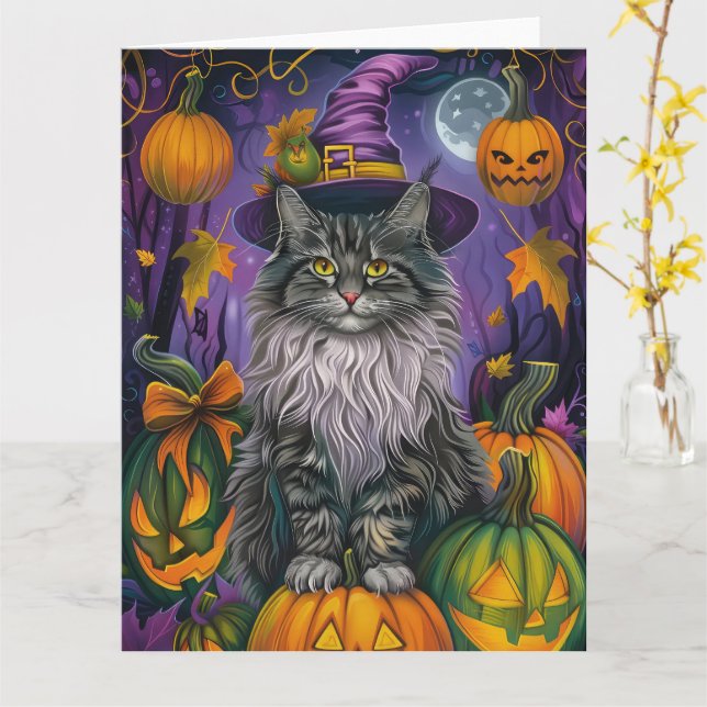 Spooky siberian Cat Halloween Witch och Pumpkin Kort (Gul blomma)