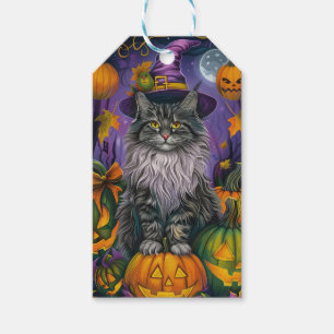 Spooky siberian Cat Halloween Witch och Pumpkin Presentetikett