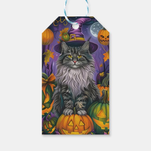 Spooky siberian Cat Halloween Witch och Pumpkin Presentetikett (Framsidan)