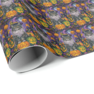 Spooky siberian Cat Halloween Witch och Pumpkin Presentpapper