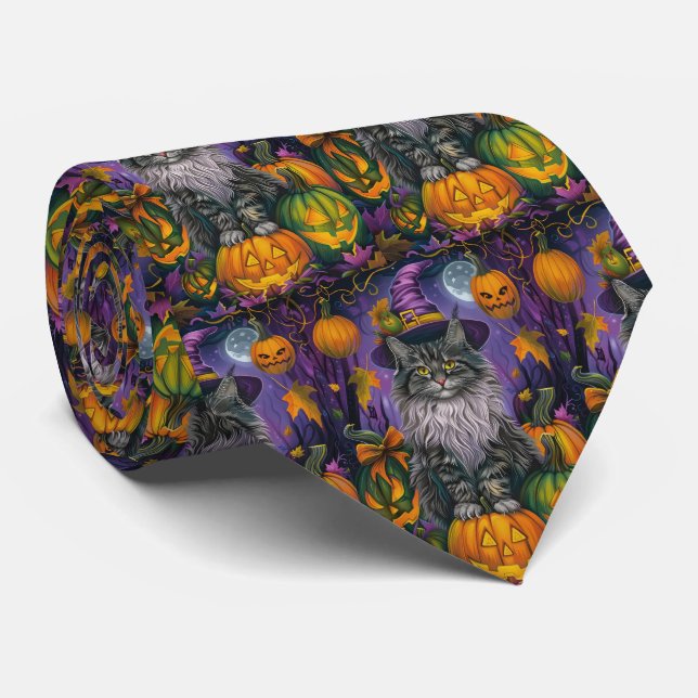 Spooky siberian Cat Halloween Witch och Pumpkin Slips (Rullad)