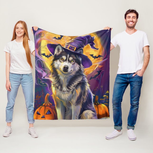 Spooky Siberian husky Hund Halloween Witch Pumpkin Fleecefilt (På plats)
