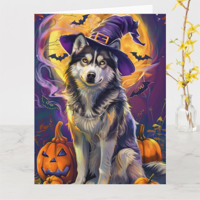 Spooky Siberian husky Hund Halloween Witch Pumpkin Kort (Gul blomma)