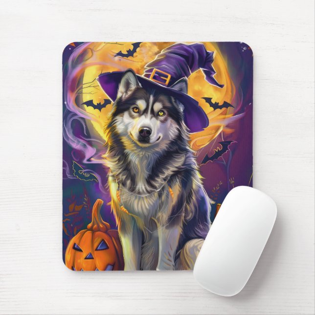 Spooky Siberian husky Hund Halloween Witch Pumpkin Musmatta (Med mus)