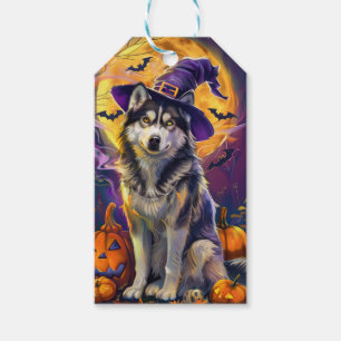 Spooky Siberian husky Hund Halloween Witch Pumpkin Presentetikett
