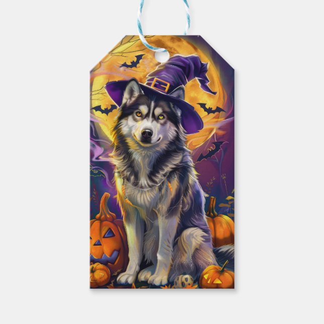 Spooky Siberian husky Hund Halloween Witch Pumpkin Presentetikett (Framsidan)