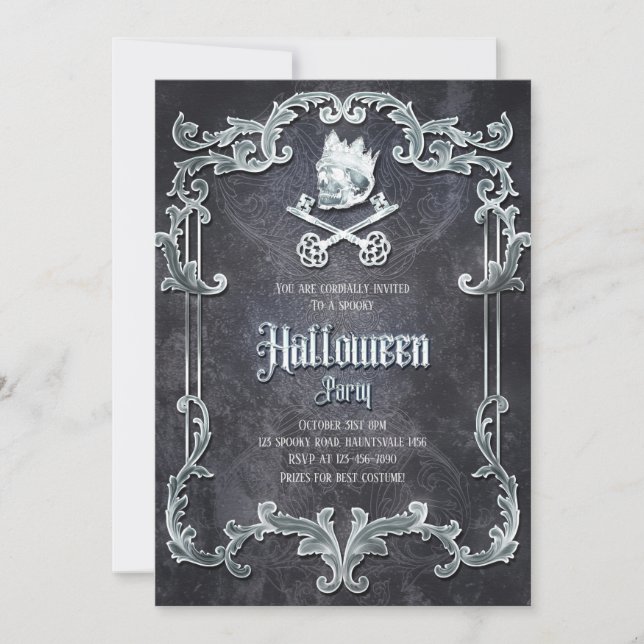 Spooky Silver Vintage Halloween fest Gothic Skull Inbjudningar (Framsida)
