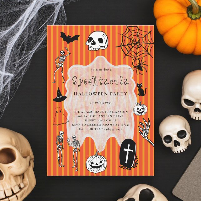 Spooky Skeleton Black Cat Fladdermus Halloween fes Inbjudningar (Skapare uppladdad)