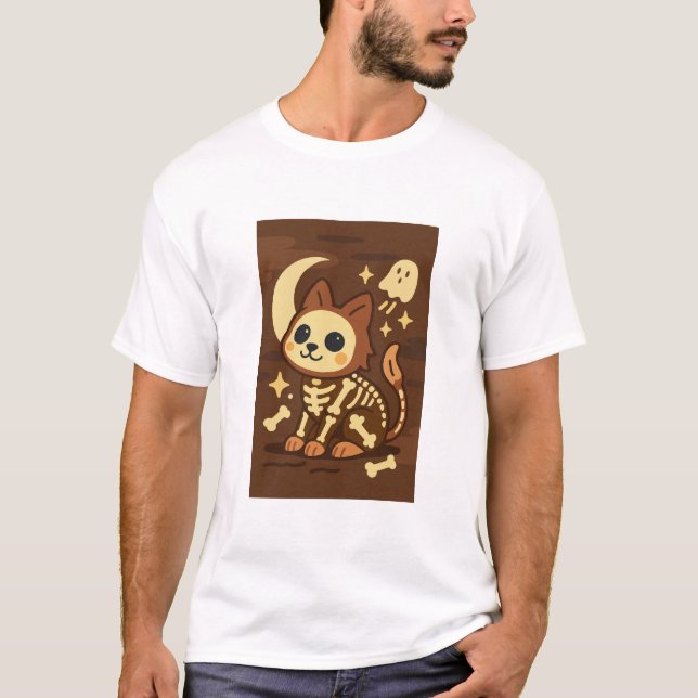 Spooky Skeleton Cat and Ghost T-Shirt (Framsida)
