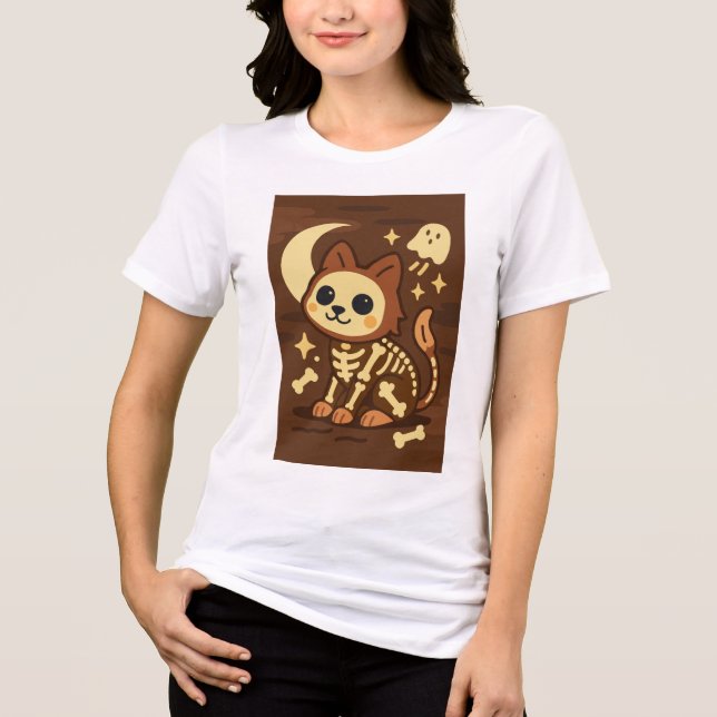 Spooky Skeleton Cat and Ghost T-Shirt (Framsida)