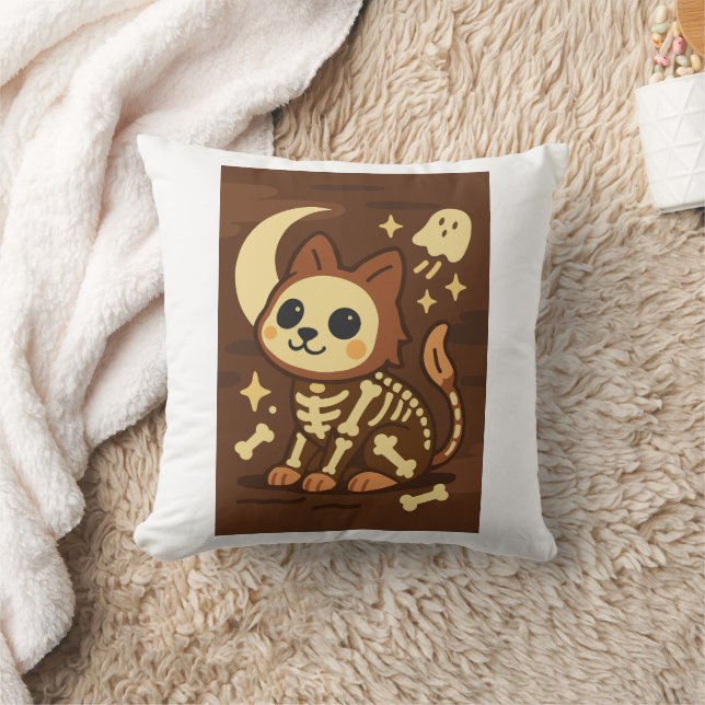 Spooky Skeleton Cat and Ghost Throw Pillow Kudde (Filt)