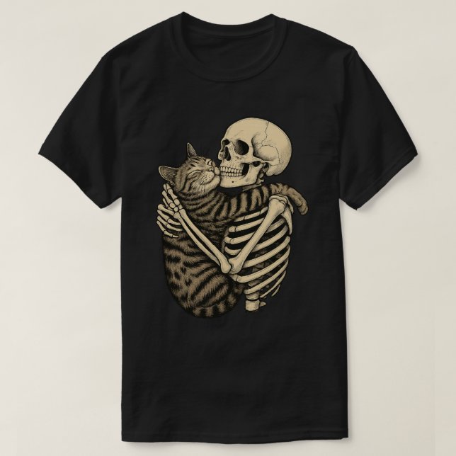 Spooky Skeleton & Cat Hug - Creepy Cute Halloween T Shirt (Design framsida)