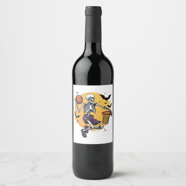 Spooky Skeleton Dunking Basketball Graveyard Hallo Vinflaska Etikett (Framsida)