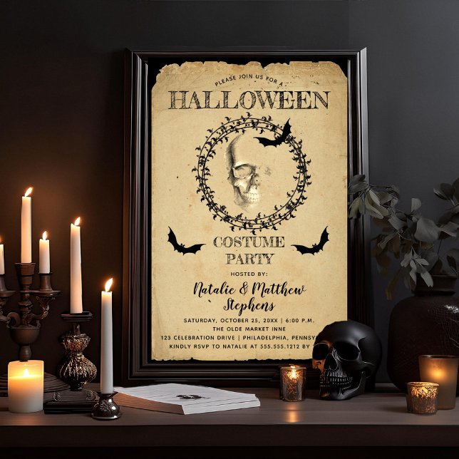 Spooky Skeleton Fladdermus-andehalloween Costume P Inbjudningar (Creepy, Scary Skull and Bats Halloween Adult Costume Party Invitation)