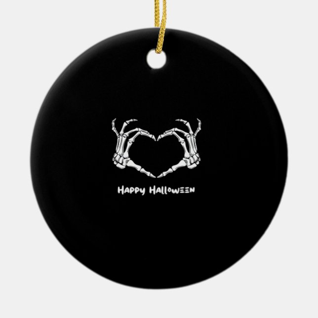 Spooky Skeleton Hand Heart med "Happy halloween" Julgransprydnad Keramik (Framsidan)