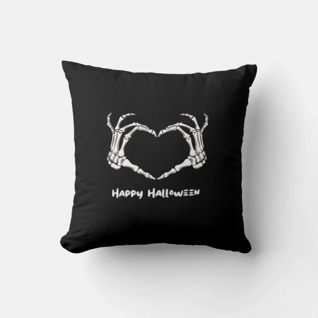Spooky Skeleton Hand Heart med "Happy halloween" Kudde (Framsida)