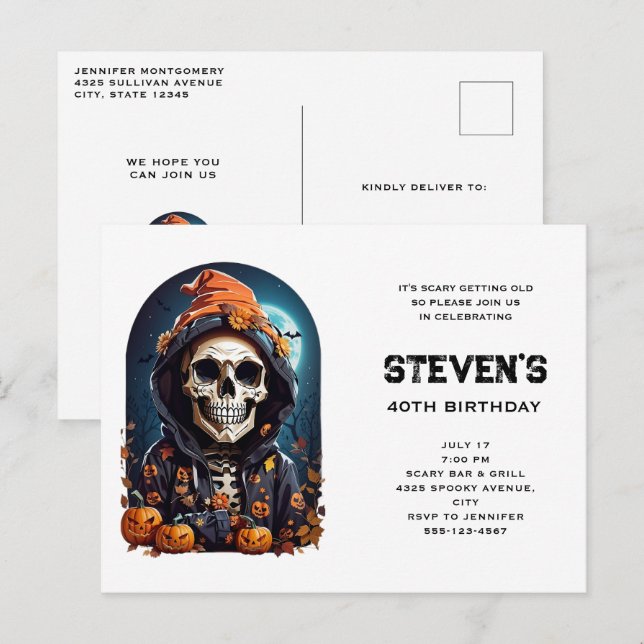 Spooky Skeleton med Evil Pumpkins Birthday Inbjudan Vykort (Fram/baksida)