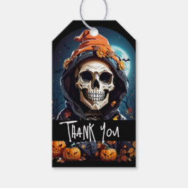 Spooky Skeleton med Evil Pumpkins Tack Presentetikett