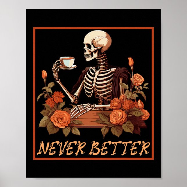 Spooky Skeleton med kaffe och blommor Halloween Poster (Framsidan)
