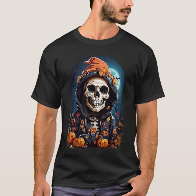 Spooky Skeleton med Onda Pumpkins T Shirt (Framsida)