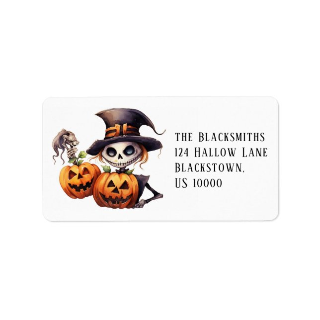 Spooky Skeleton med Pumpkins Halloween Adress Adressetikett (Framsidan)