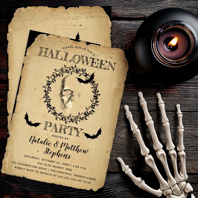Spooky Skeleton och Fladdermöss Halloween fest Inbjudningar (Spooky Skeleton and Bats Wreath Halloween Party Invitation - Print | Digital Download)
