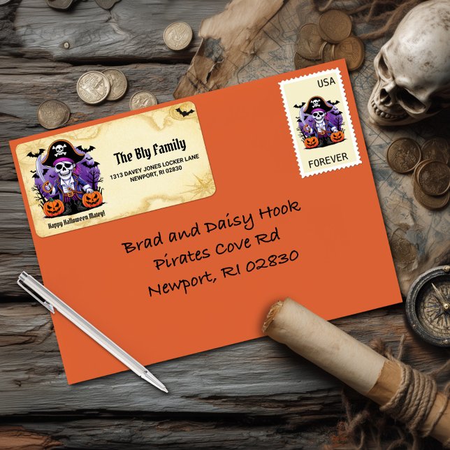 Spooky Skeleton Pirat Happy halloween Matey Adressetikett (Skapare uppladdad)
