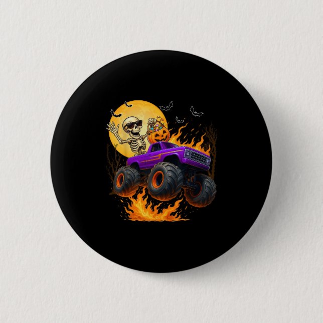Spooky Skeleton Riding Monster Lastbil Halloween C Knapp (Framsida)